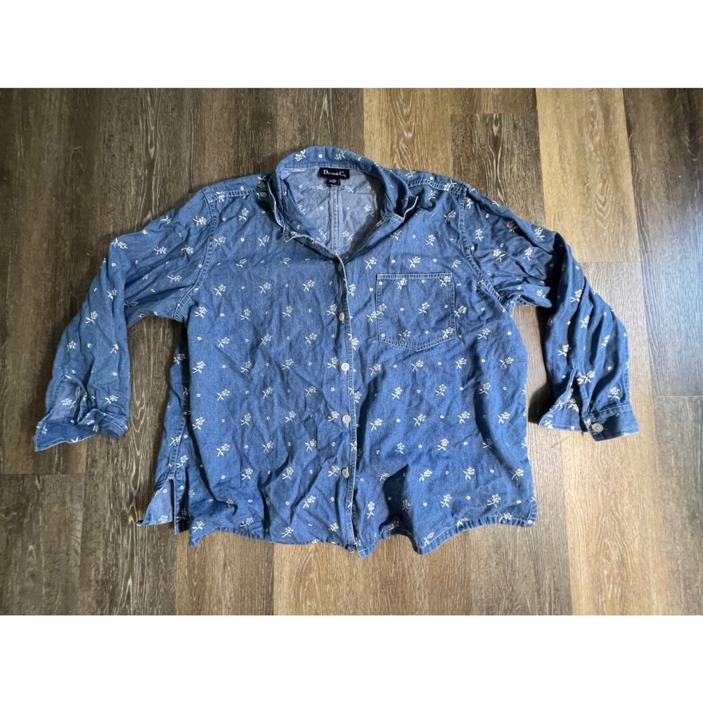 Denim & Co Button Down Shirt Womens 3X Blue Floral Embroidered Cotton Denim Top